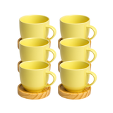 Jogo 6 Xícara Porcelana Com Pires De Madeira Café Cores Amarelo