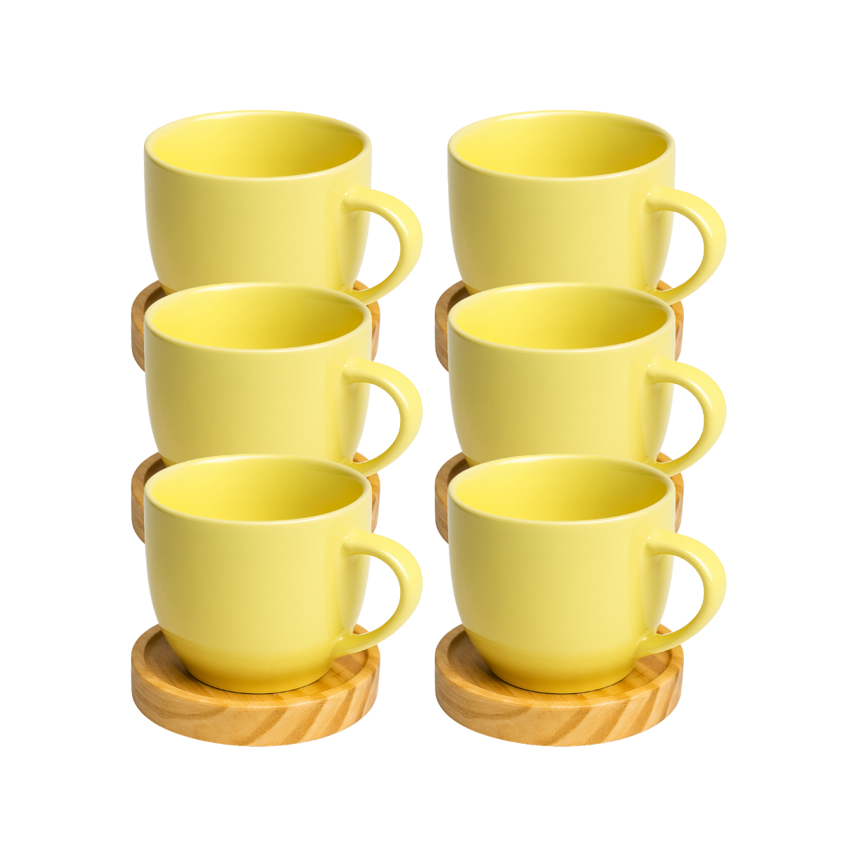 Jogo 6 Xícara Porcelana Com Pires De Madeira Café Cores Amarelo