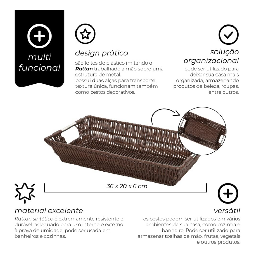 Cesto Retangular Vime Escuro 36cm Mimo Style