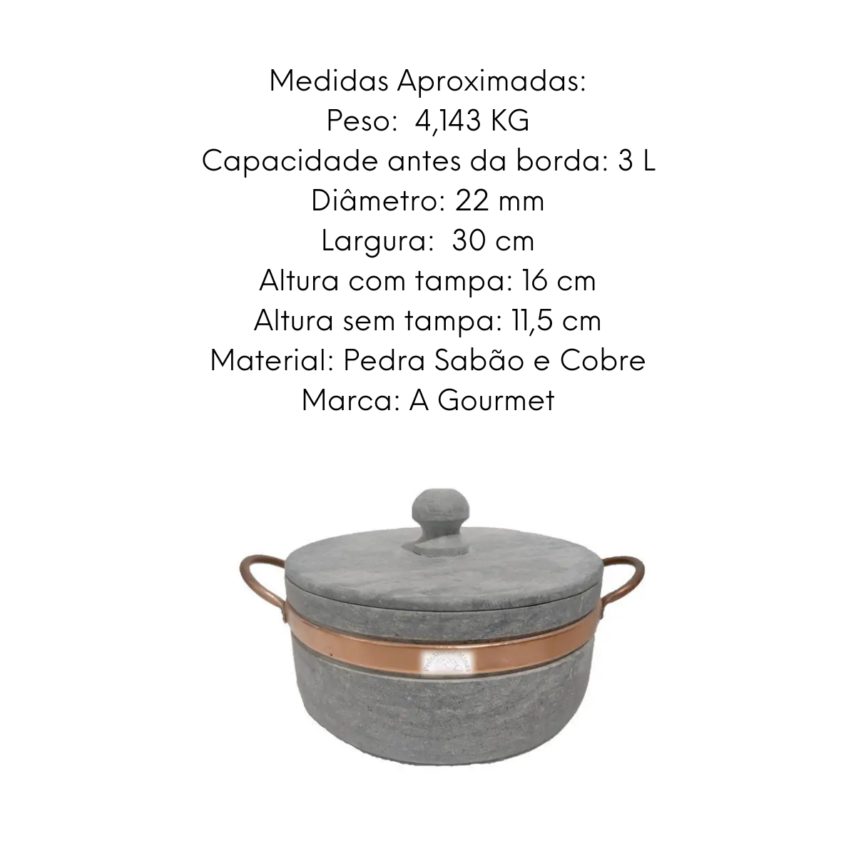 Panela De Pedra Sabão 3L Tampa de Pedra Val Pedra Sabão
