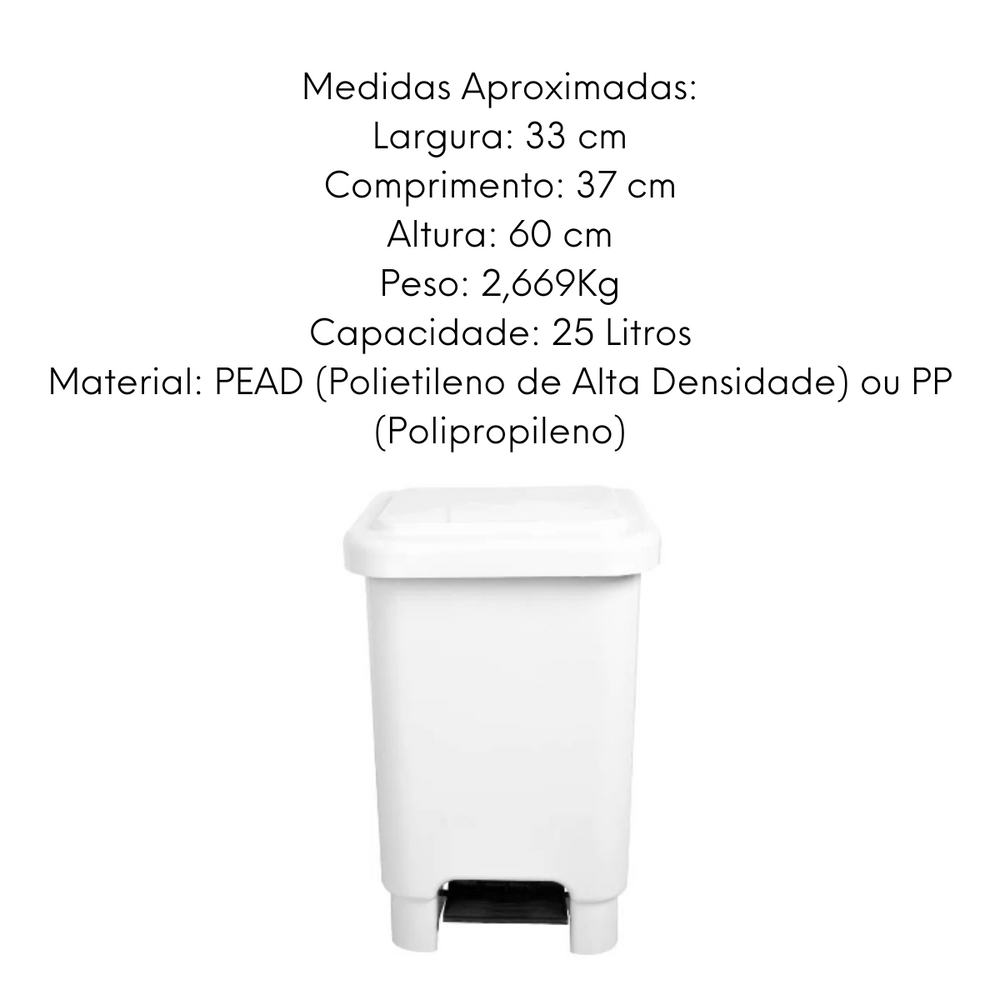 Lixeira Retangular Branca 25L com Pedal TBN