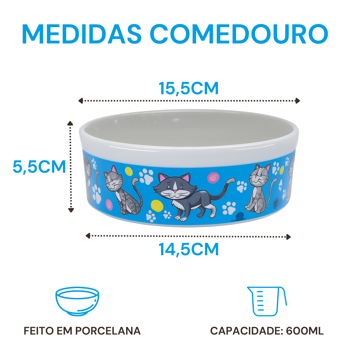 Comedouro Azul Gato de Porcelana 600ml BelaVista Comedouro