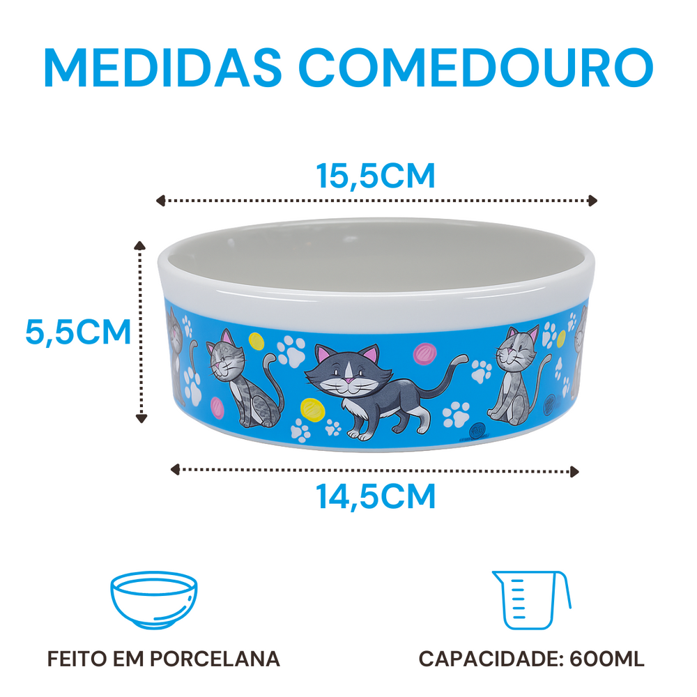 Comedouro Azul Gato de Porcelana 600ml BelaVista Comedouro