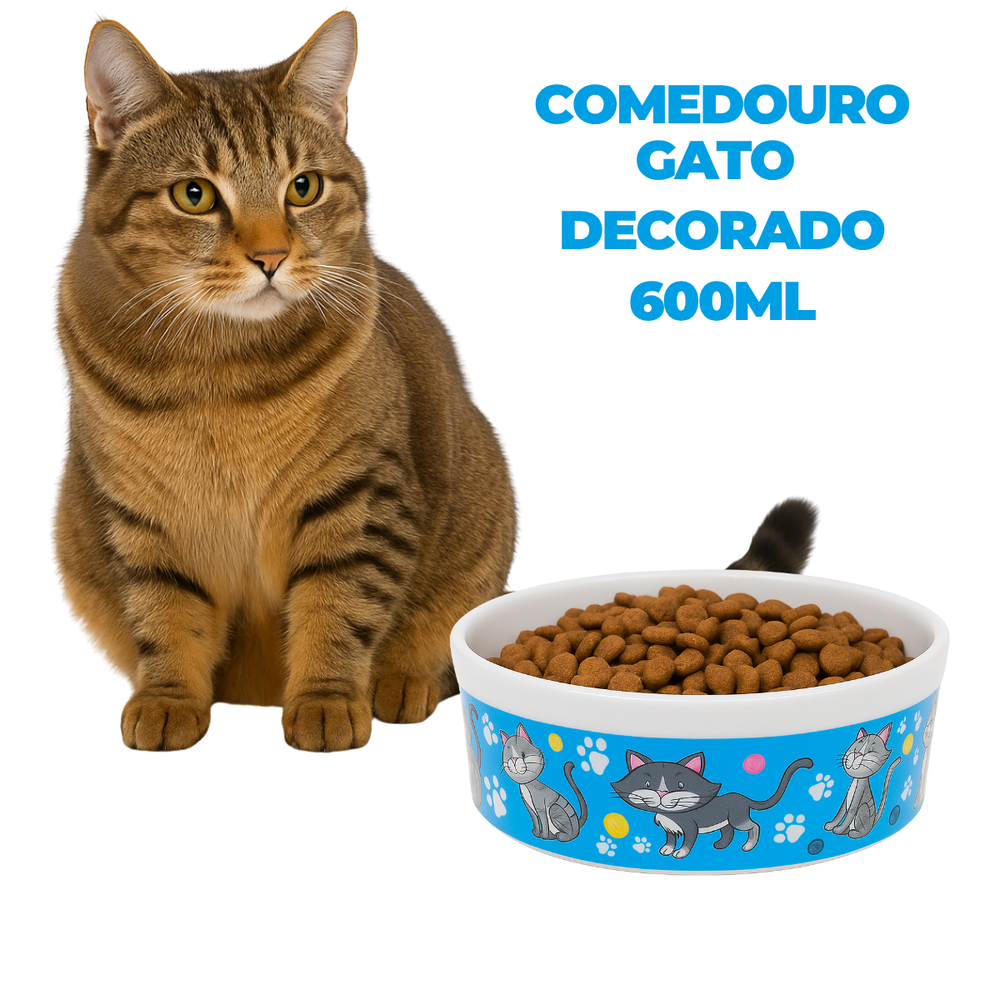 Comedouro Azul Gato de Porcelana 600ml BelaVista Comedouro