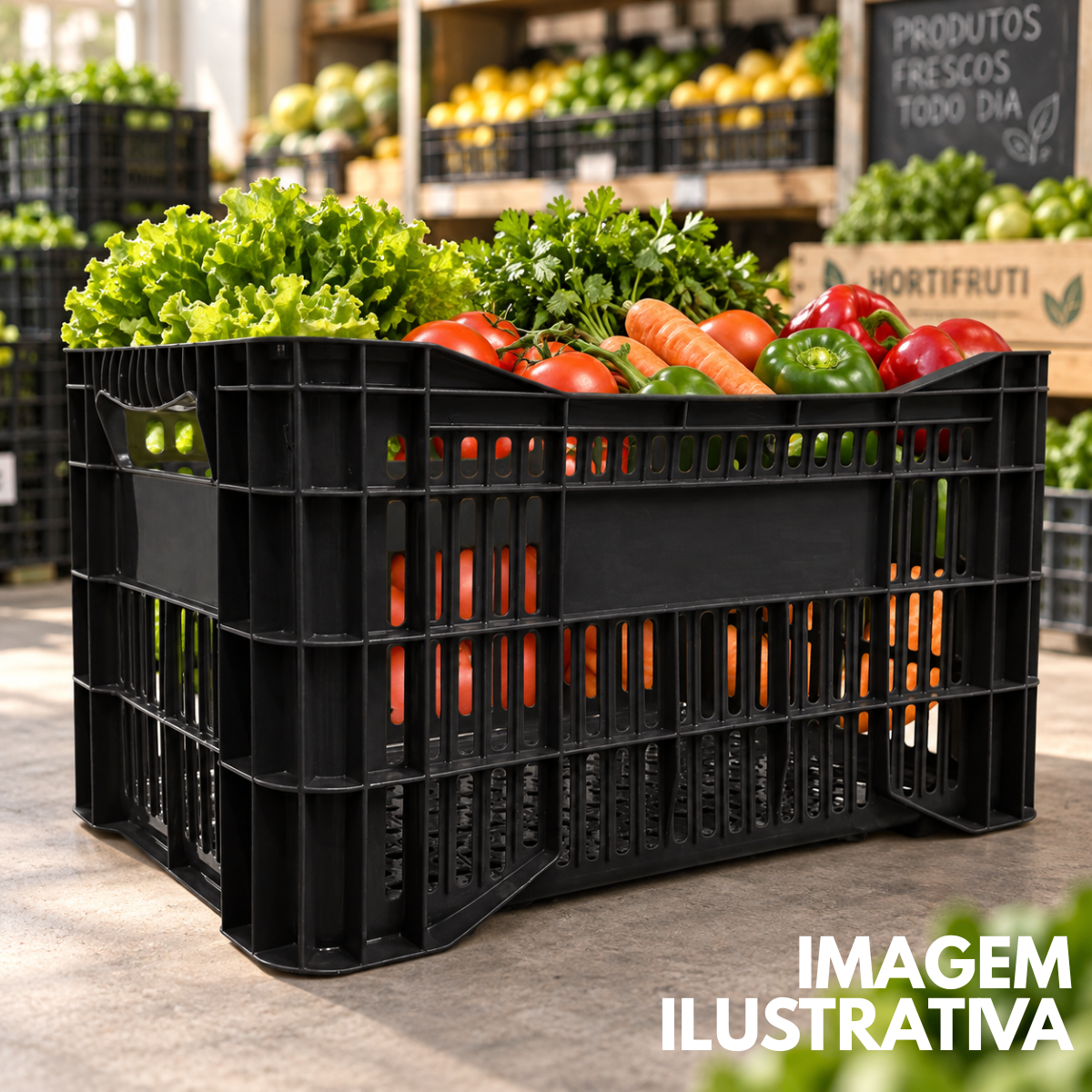 Caixa Hortifruti Vazada 61L em Plástico Resistente Empilhável
