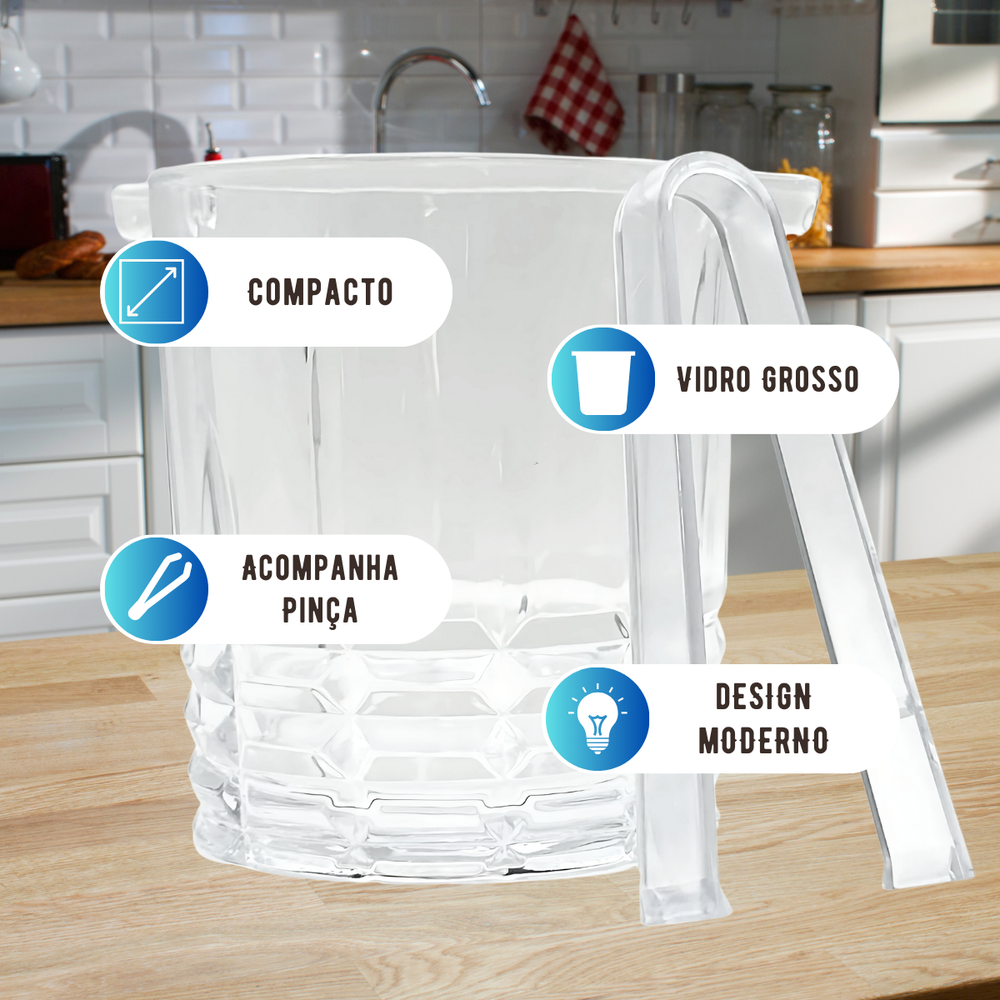 Balde Gelo C/ Pegador 830ml Vidro - A Gourmet