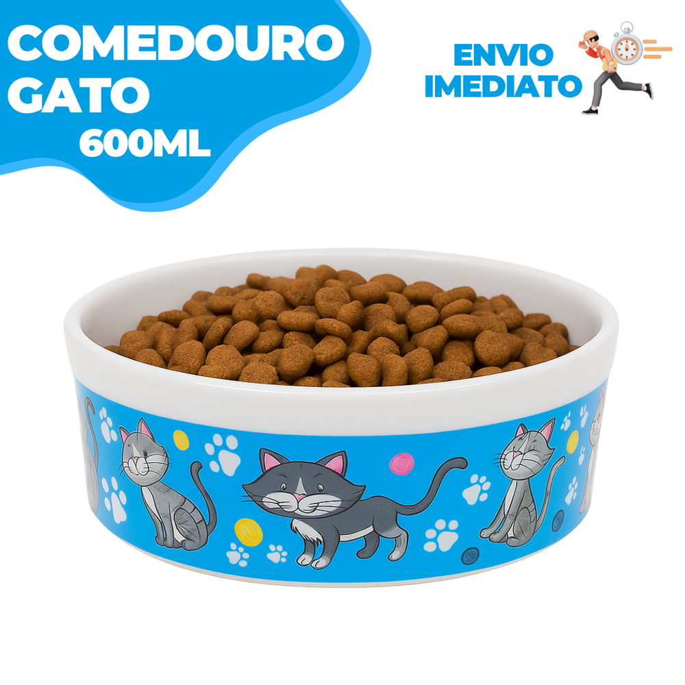 Comedouro Azul Gato de Porcelana 600ml BelaVista Comedouro