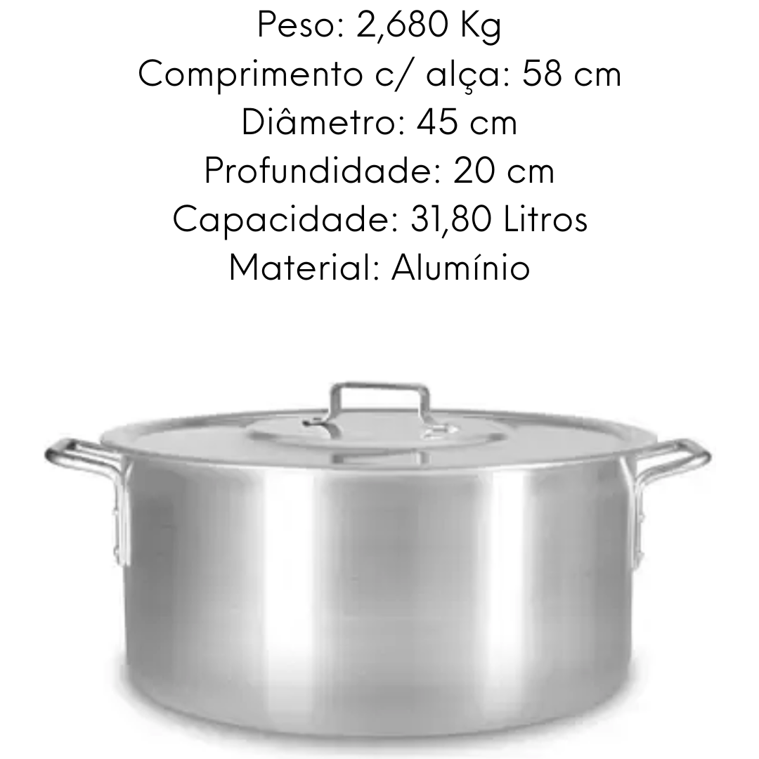 Caçarola Hotel Reta Com Alça N45 em Aluminio 31,8L Cajamac