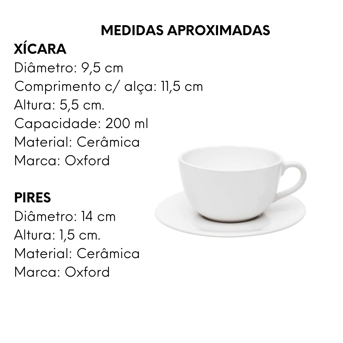 Xicara de Chá Plus Branca de Porcelana 200ml Com Pires Oxford
