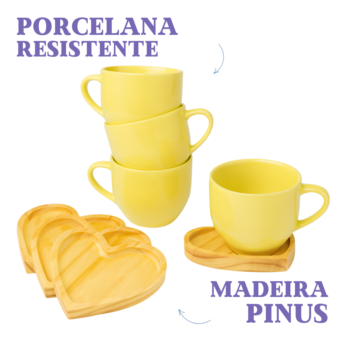 Xicara Porcelana Amarela Com Pires Coração