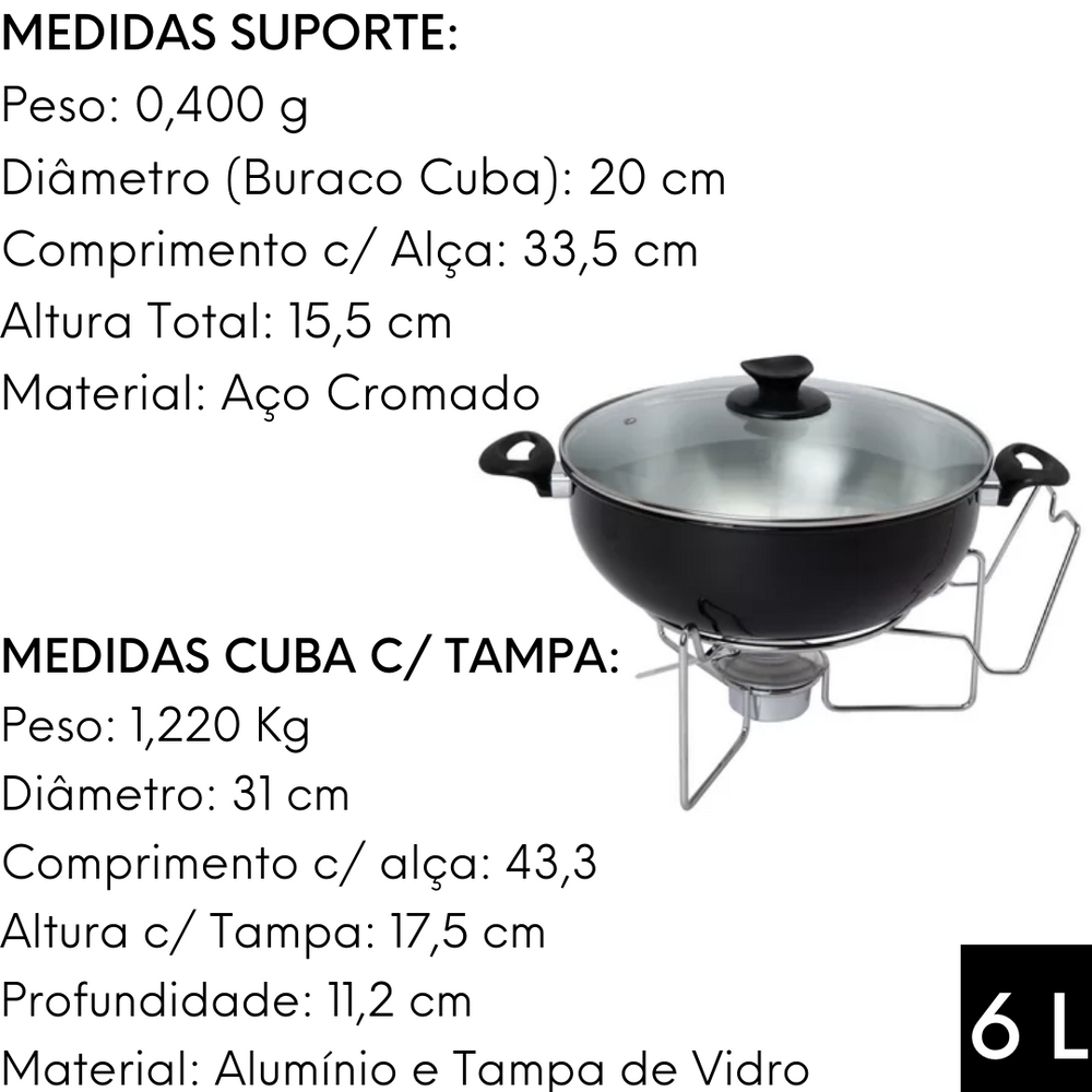 Rechaud Preto Redondo Aluminio 6 Litros C/ Tampa Vidro A Gourmet