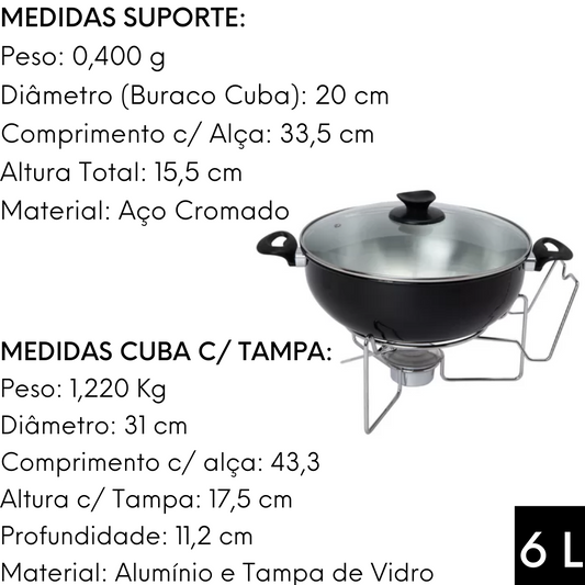 Rechaud Preto Redondo Aluminio 6 Litros C/ Tampa Vidro