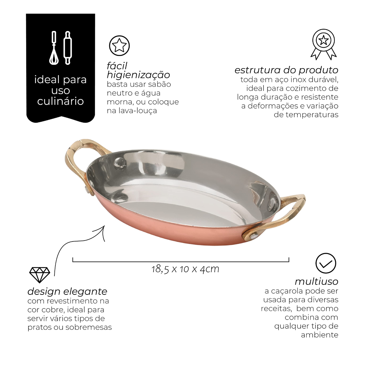 Mini Caçarola Oval 19cm Para Servir Aço Inox Bronze Mimo Style