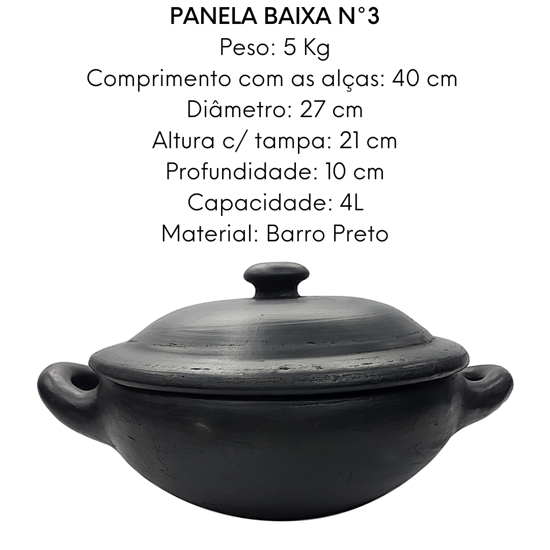 Caçarola Baixa Capixaba de Barro Preto Com Tampa N3 4L Artesanato Vilas Boa