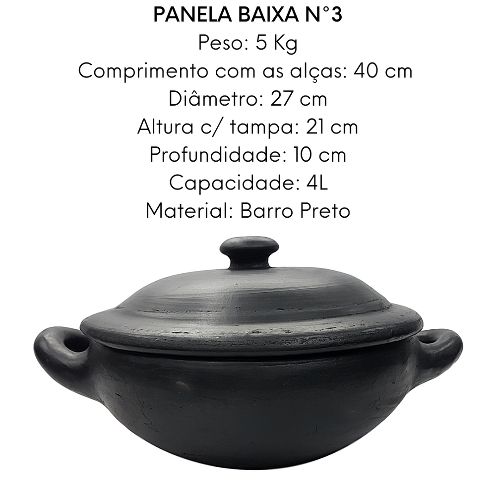 Caçarola Baixa Capixaba de Barro Preto Com Tampa N3 4L Artesanato Vilas Boa