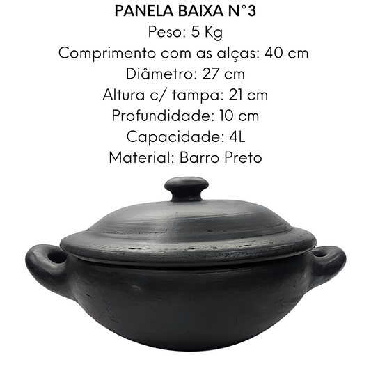 Caçarola Baixa Capixaba de Barro Preto Com Tampa N3 4L