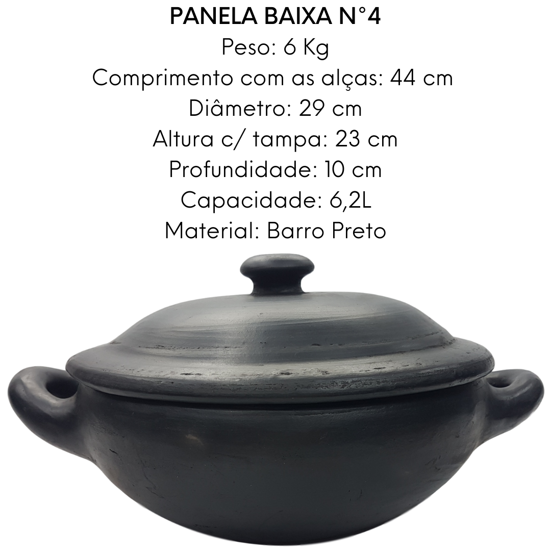 Caçarola Baixa Capixaba de Barro Preto N4 Com Tampa 6,2L Artesanato Vilas Boa