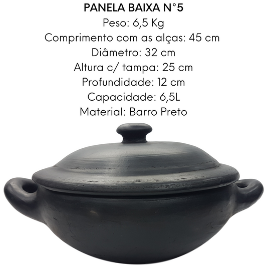 Panela Baixa de Barro Preto Capixaba N5 Com Tampa