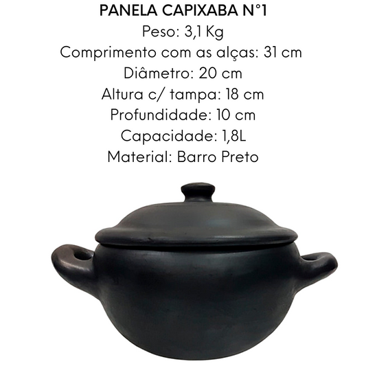 Caçarola de Barro Preto Capixaba N1 Com Tampa 1,8L