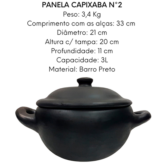 Caçarola de Barro Capixaba Preto Com Tampa N2 3L