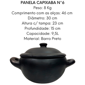 Panela de Barro Preto Capixaba N6  Com Tampa 9,5L Artesanato Vilas Boa