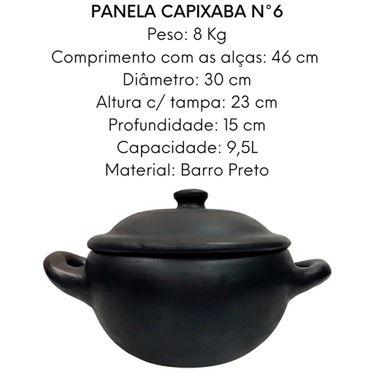 Panela de Barro Preto Capixaba N6  Com Tampa 9,5L