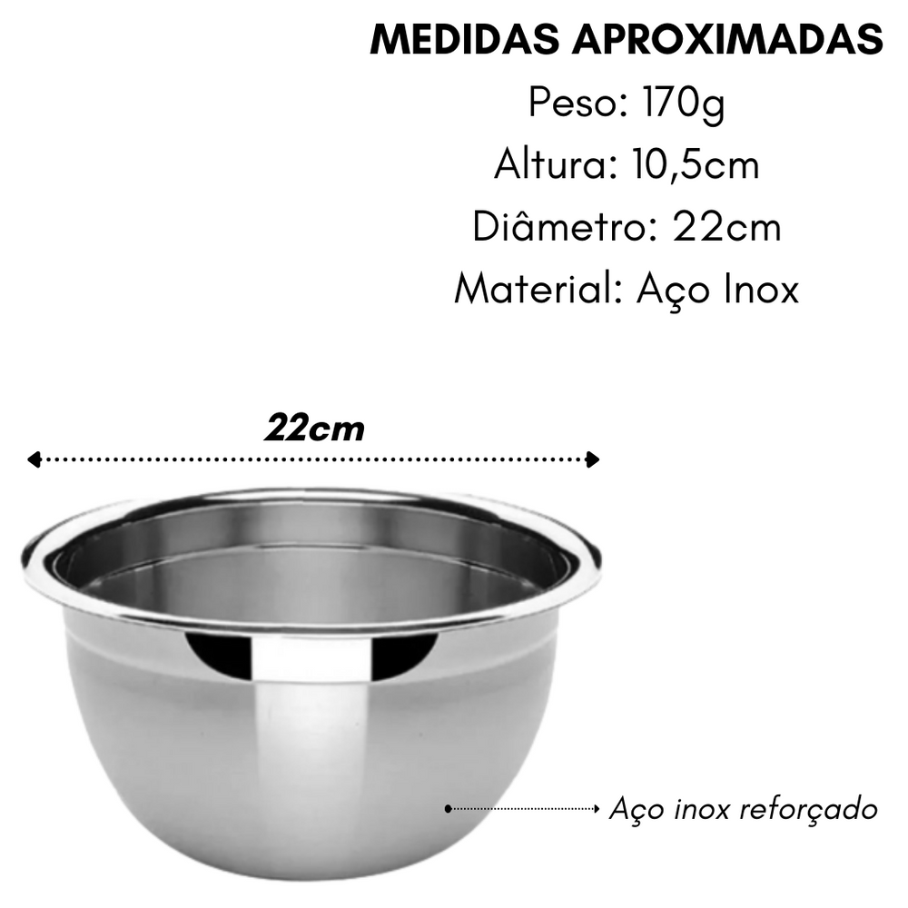 Tigela Bowl de Aço Inox 22cm Profissional Confeitaria Baccani