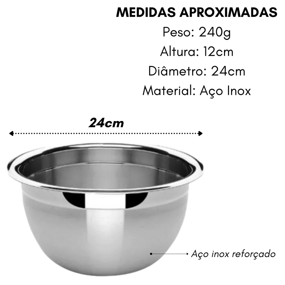 Tigela Bowl Aço Inox Profissional 24cm Confeitaria Baccani