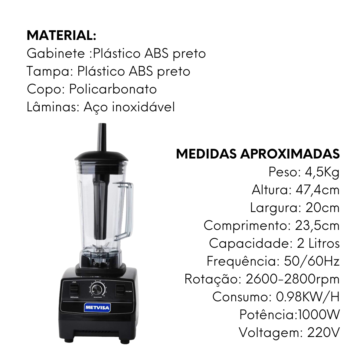 Liquidificador Blender Alta Rotação 2L METVISA