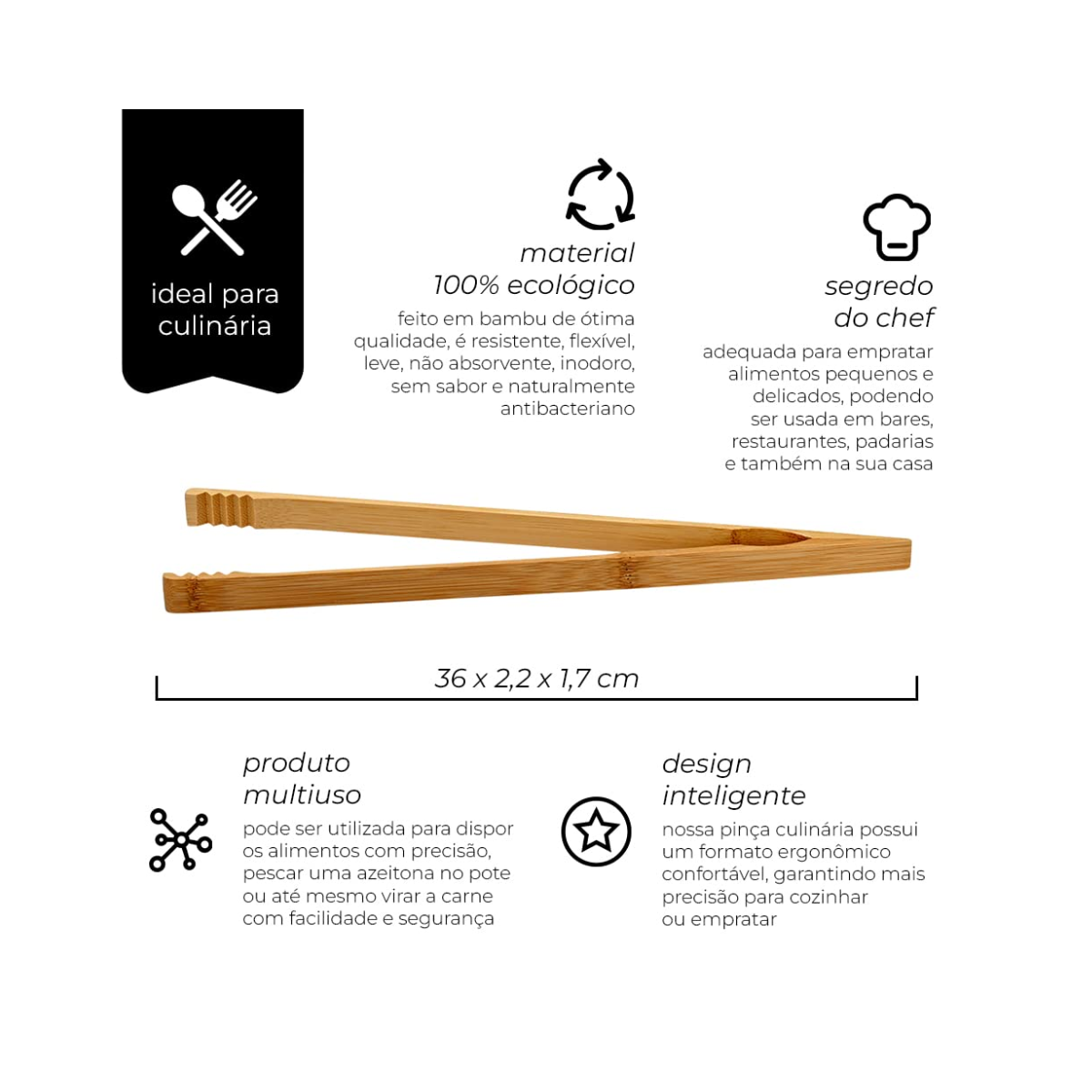 Pinça Reta de Cozinha 36cm de Bambu Mimo Style