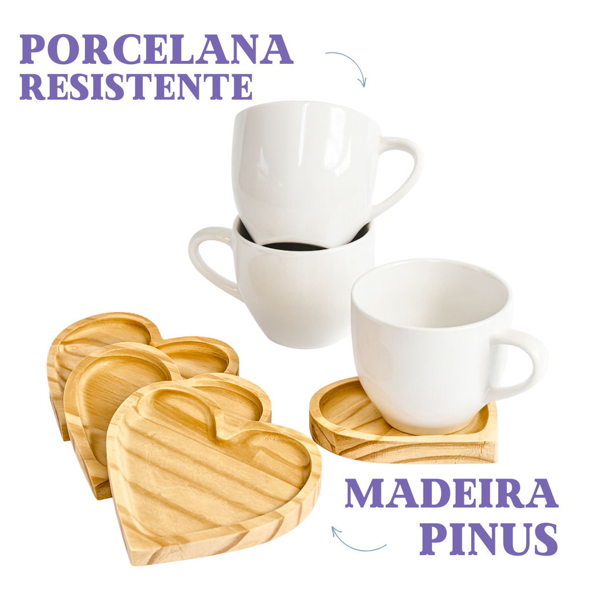 Xícara Porcelana Com Pires Coração Madeira
