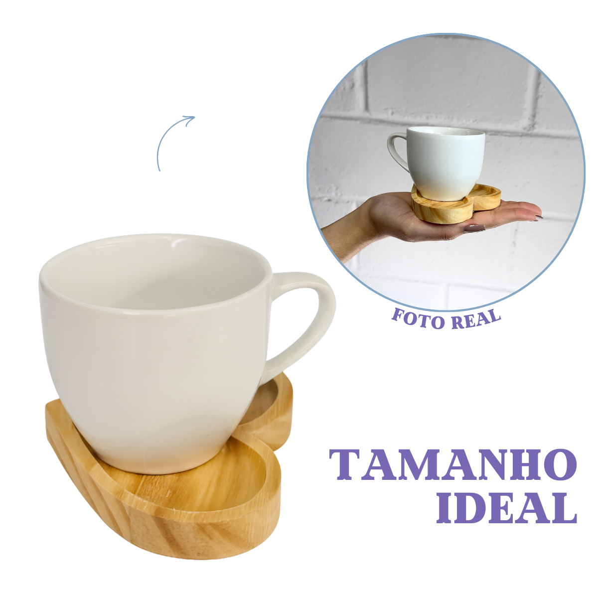 Xícara Porcelana Com Pires Coração Madeira