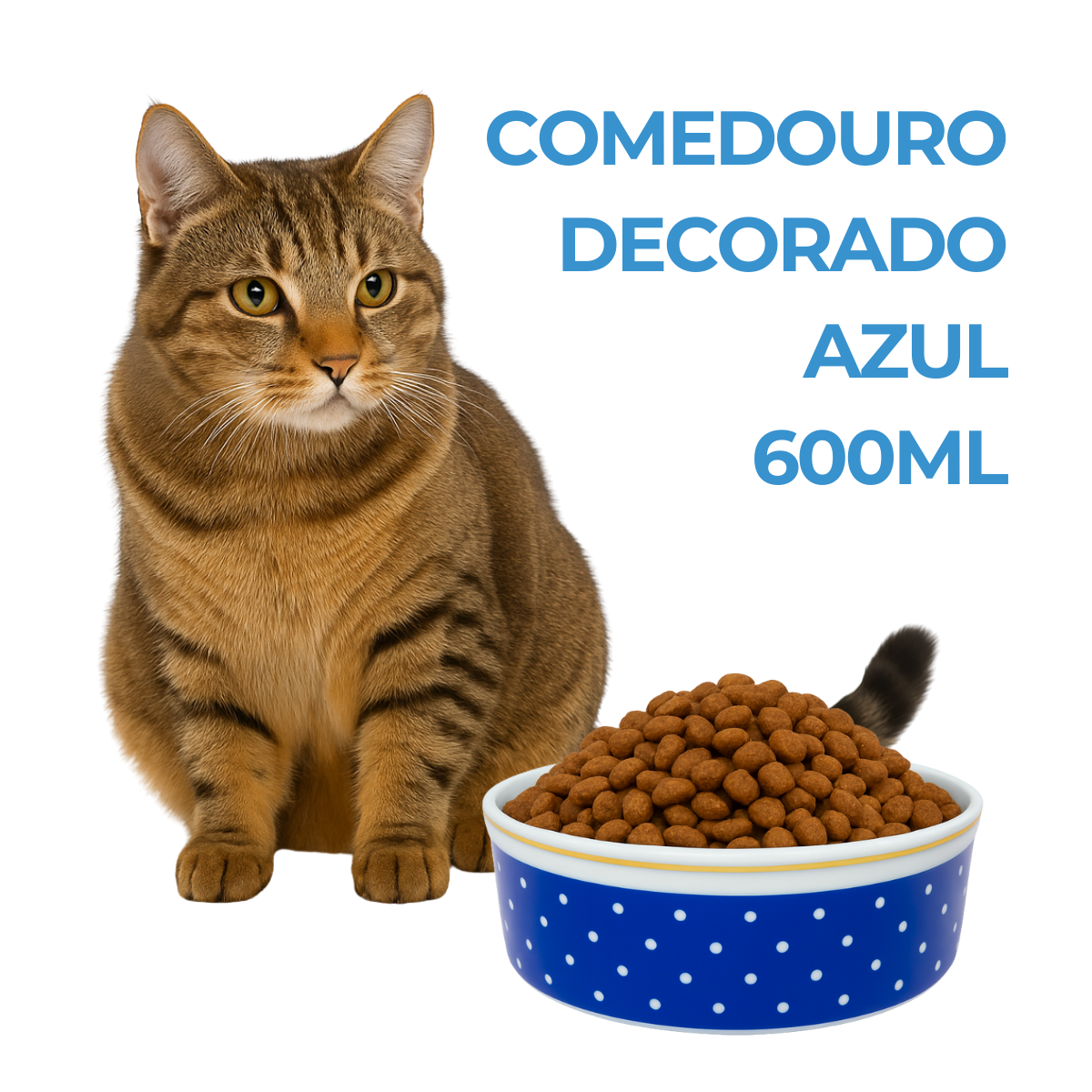 Comedouro Cães Gatos Porcelana 600ml Azul