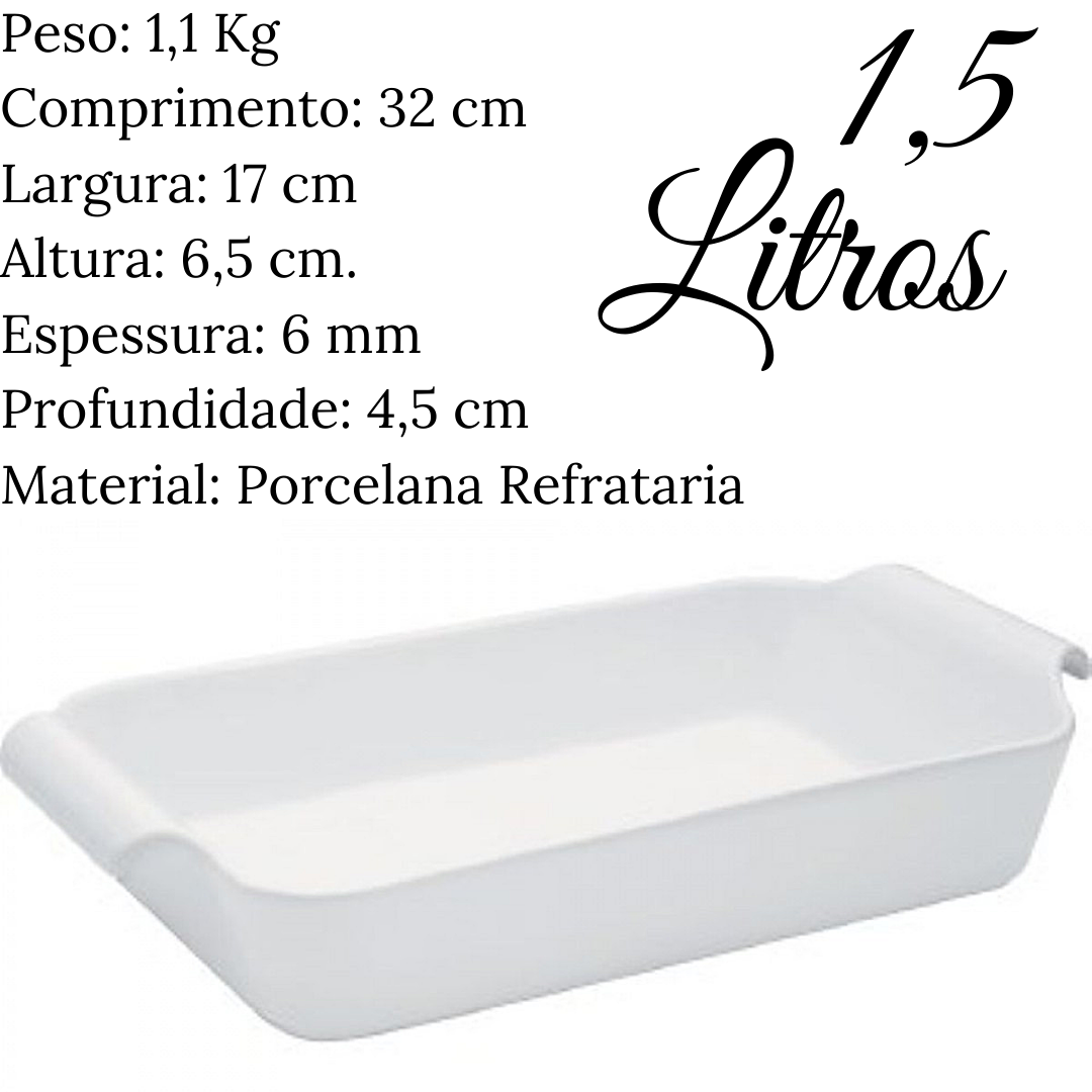 Travessa Refratario Rasa 1,5L Branca C/ Alça Oxford