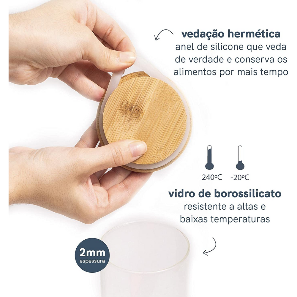 Pote Hermético de Vidro com Tampa de Bambu Redondo 450ml Class Home