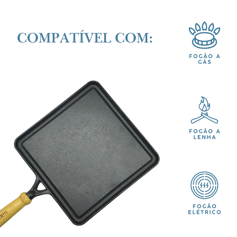 Bifeteira de Ferro Fundido Cabo Madeira - A Gourmet