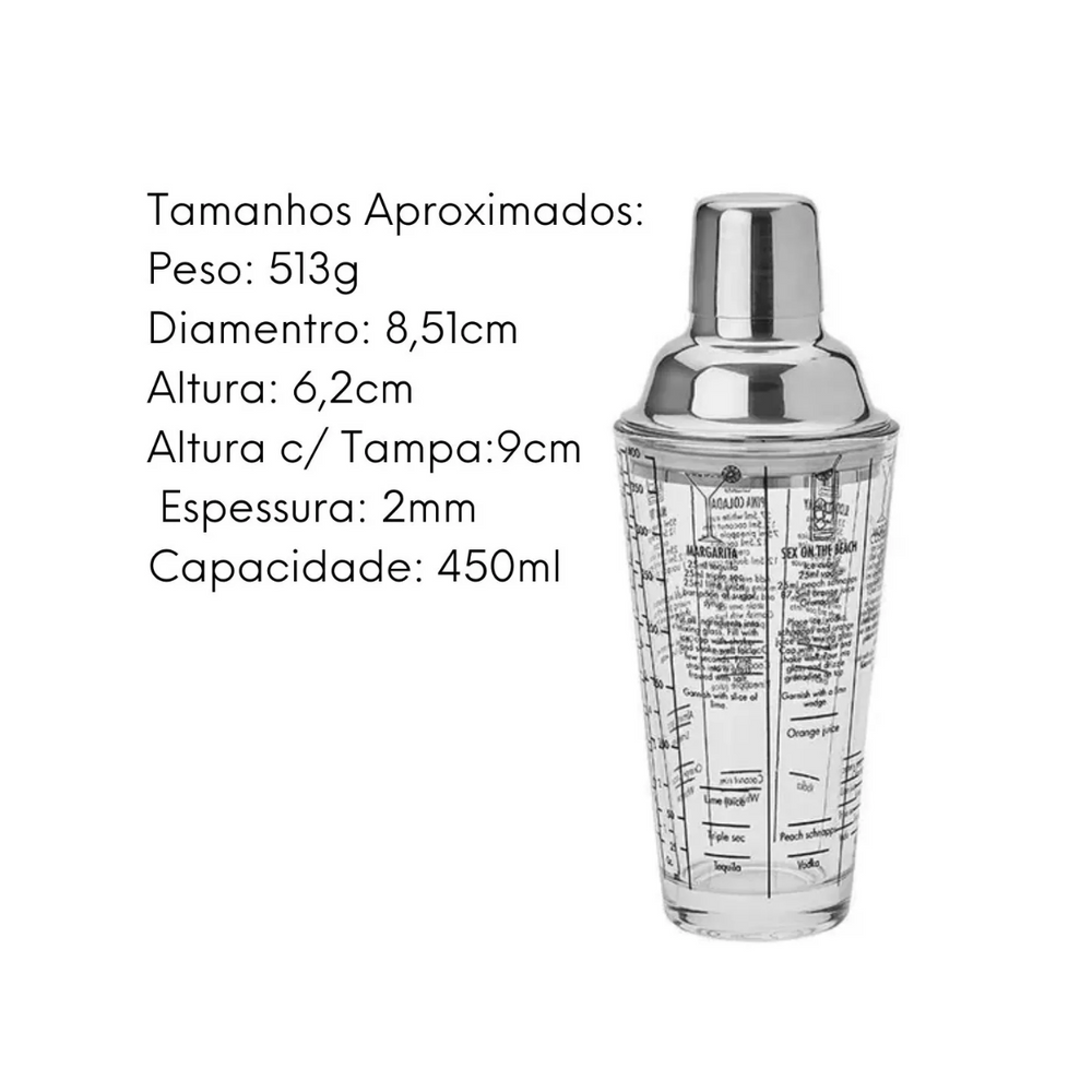 Coqueteleira 450ml de Vidro Com Tampa Aço Inox Etilux