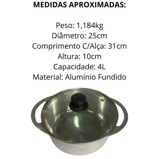 Caçarola de Alumínio Fundido 4L Tampa de Vidro