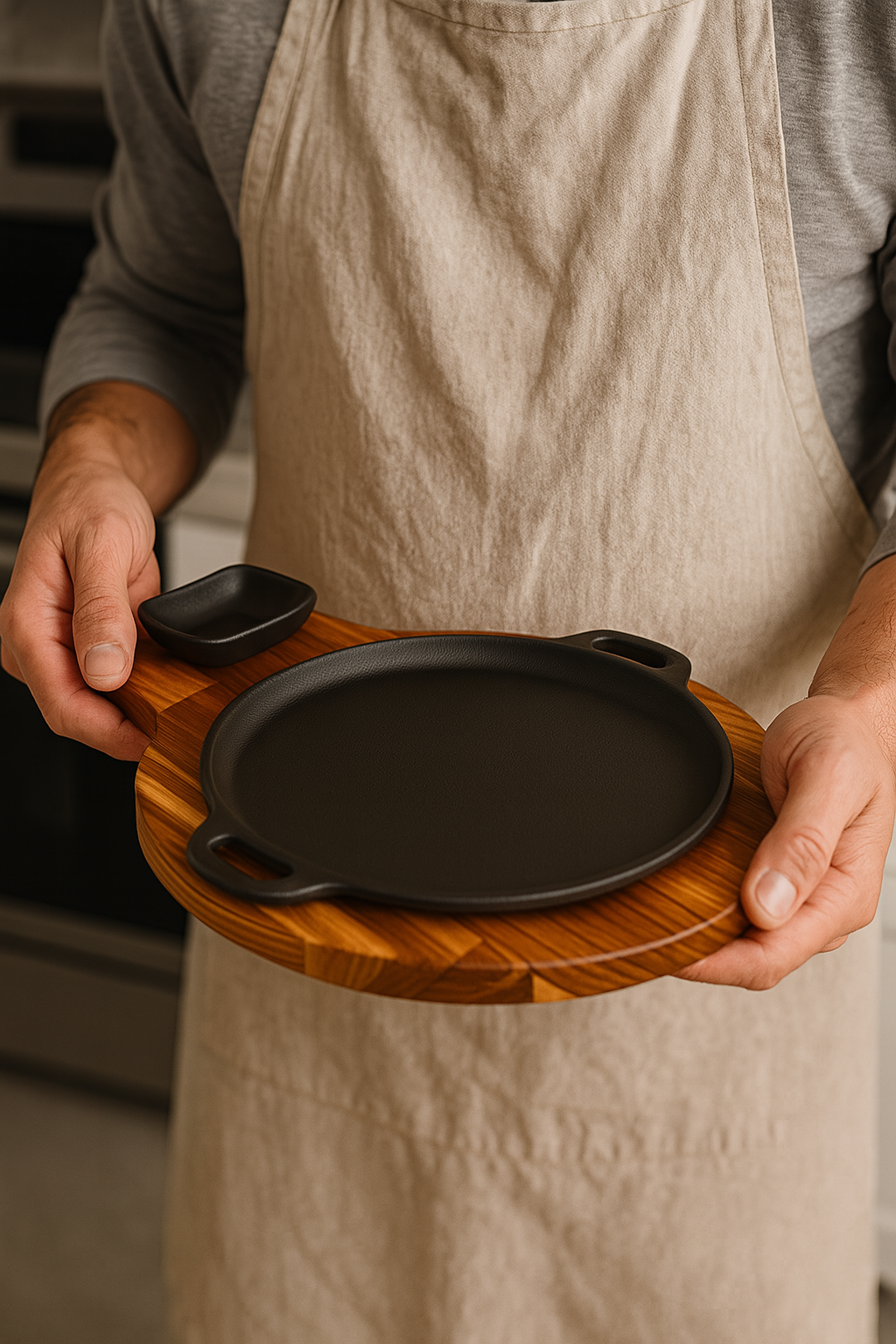 Kit Chapa Bifeteira Redonda com Tábua de Madeira e Molheira – Ideal para Porções, Carnes e Petiscos