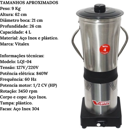 Liquidificador Industrial 4L Aço Inox