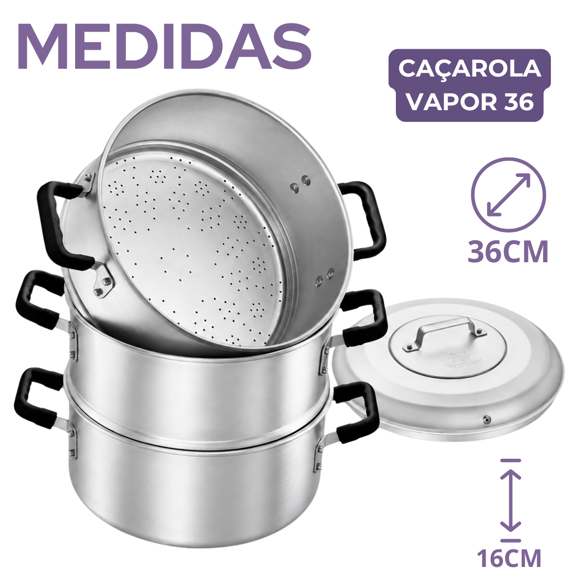 Caçarola a Vapor Hotel N36 3 Peças em Alumínio com Asas Baquelite