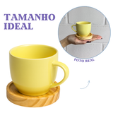 Jogo 6 Xícara Porcelana Com Pires De Madeira Café Cores Amarelo
