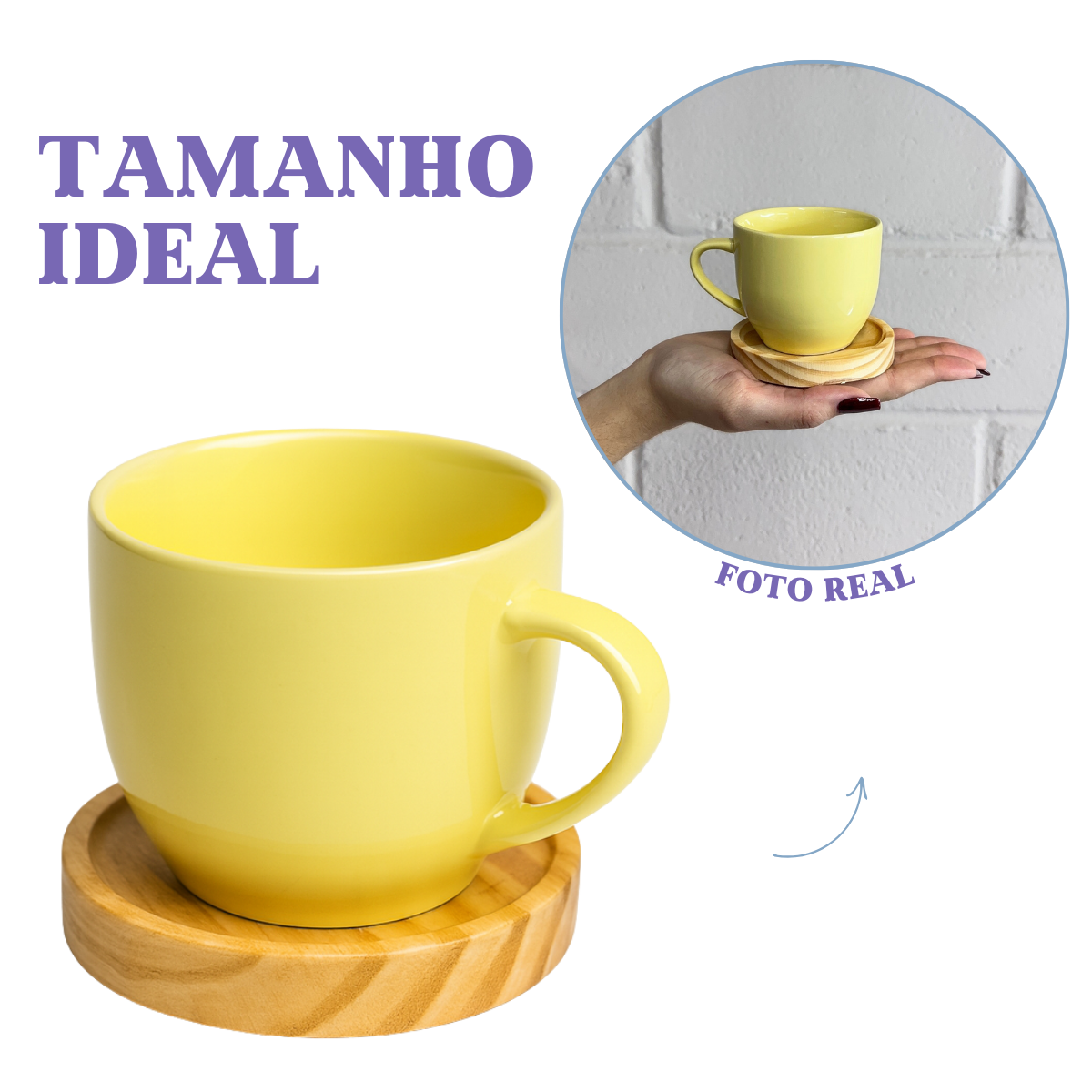 Jogo 6 Xícara Porcelana Com Pires De Madeira Café Cores Amarelo