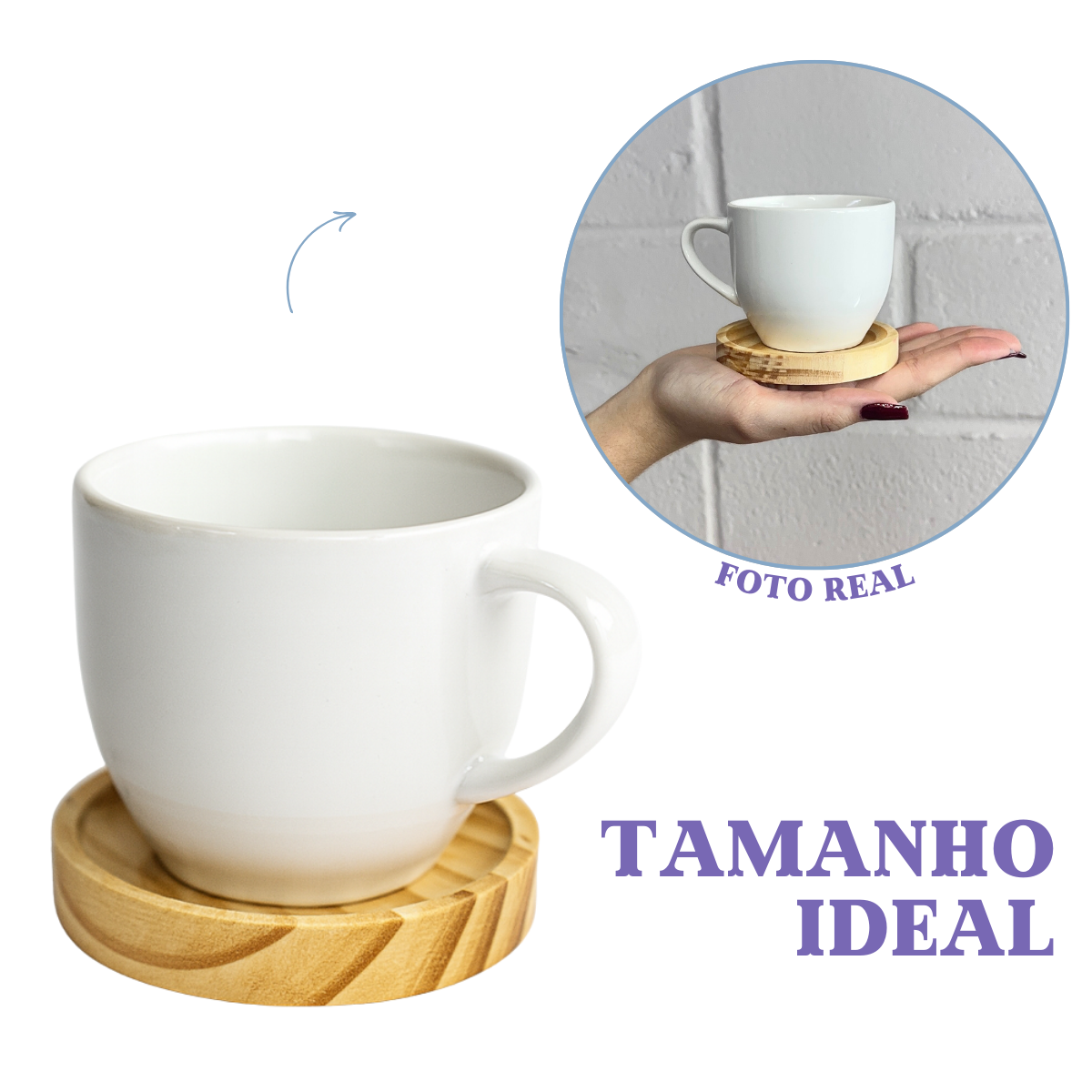 Jogo 6 Xícara De Porcelana Com Pires Madeira Casa Chá Café Branco