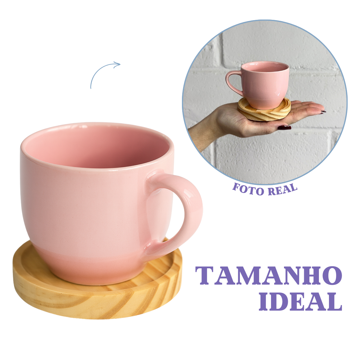 Jogo 6 Xícara De Porcelana Rosa Com Pires Madeira Pinus Café Rosa