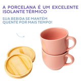 Jogo 6 Xícara De Porcelana Rosa Com Pires Madeira Pinus Café Rosa