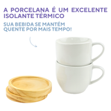 Jogo 6 Xícara De Porcelana Com Pires Madeira Casa Chá Café Branco