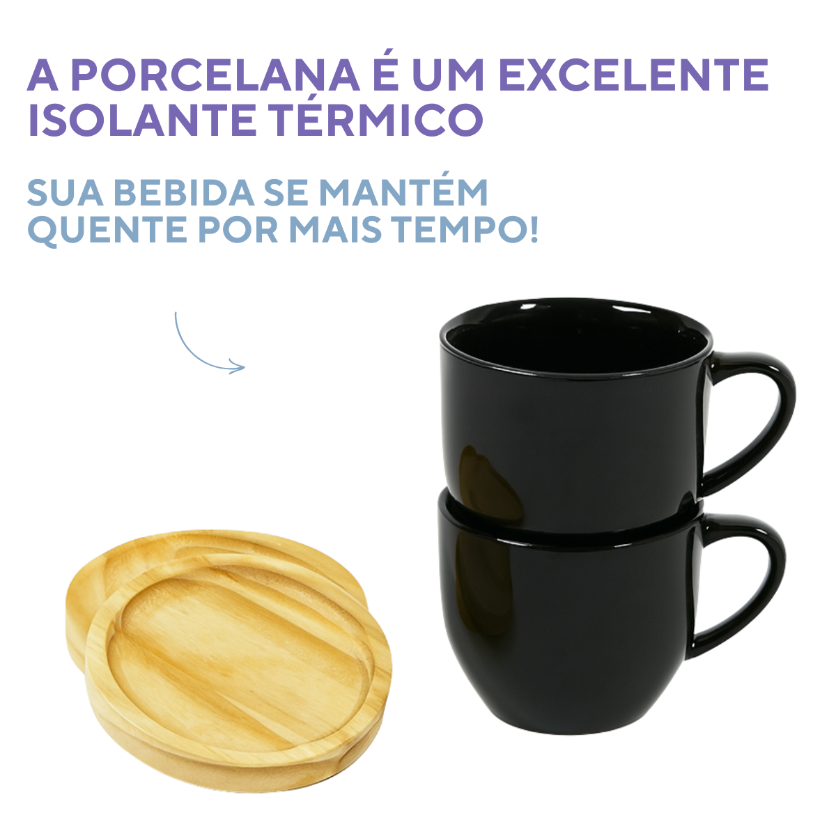Jogo 6 Xícara Preta De Porcelana Com Pires Madeira Café Chá Preto