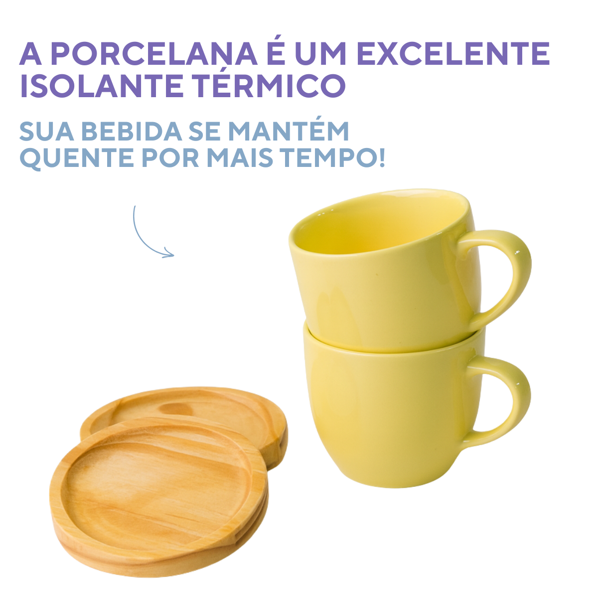 Jogo 6 Xícara Porcelana Com Pires De Madeira Café Cores Amarelo