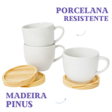 Jogo 6 Xícara De Porcelana Com Pires Madeira Casa Chá Café Branco